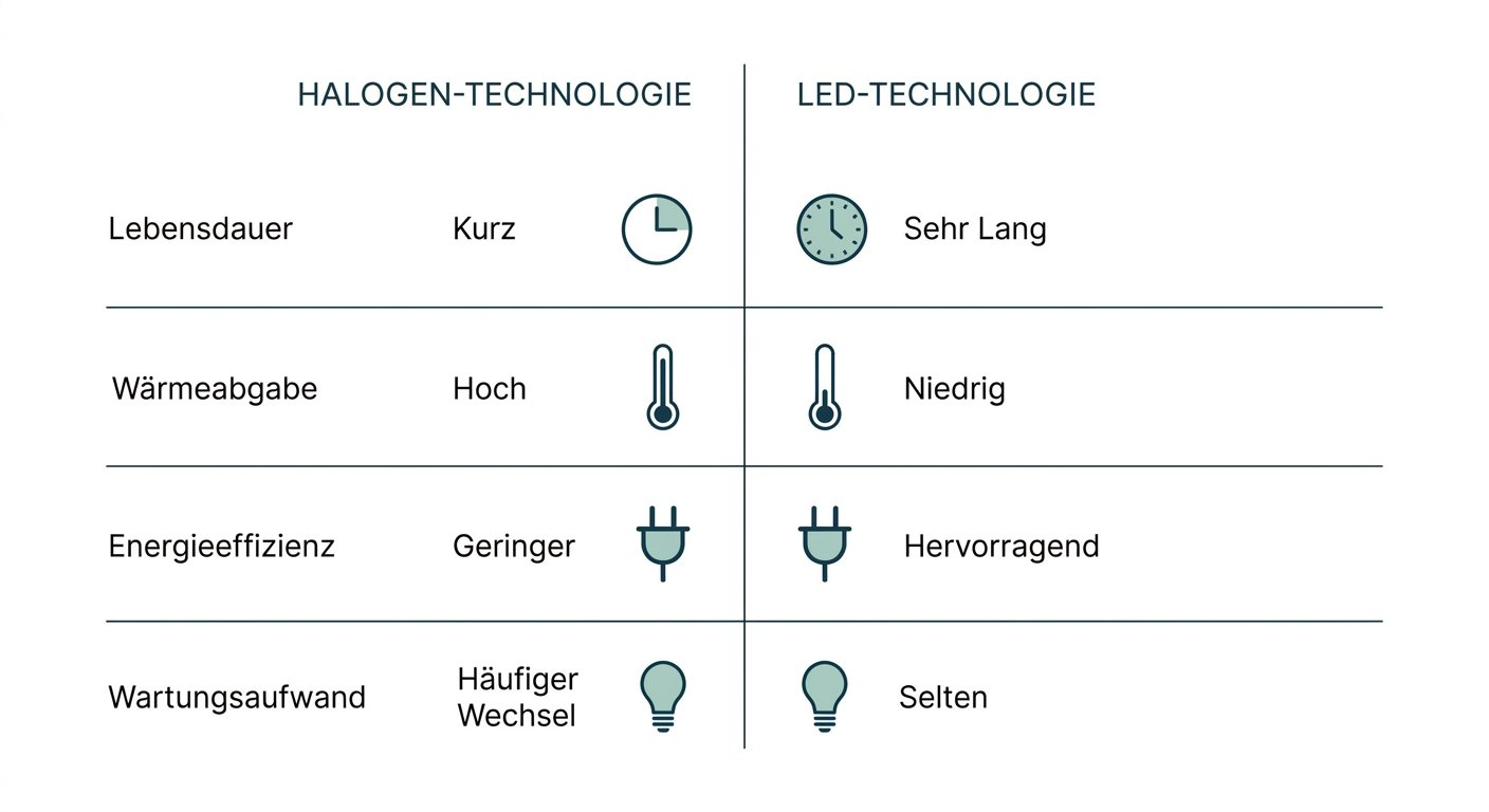 Gegenüberstellung der Eigenschaften von LED- und Halogen-Behandlungsleuchten